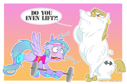 Size: 1046x692 | Tagged: safe, artist:catwhitney, character:bulk biceps, oc, oc:sleepy skies, blushing, do you even lift, exhausted, facehoof, leg warmers, leotard, meme, sweat, weight, workout
