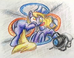 Size: 1024x802 | Tagged: safe, artist:dynamiclines, character:derpy hooves, species:pegasus, species:pony, crossover, female, mare, now you're thinking with portals, portal, portal (valve), portal gun, solo, tongue out, traditional art