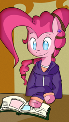 Size: 1090x1900 | Tagged: safe, artist:llamaswithkatanas, character:pinkie pie, alternate hairstyle, book, clothing, ear piercing, earring, female, hoodie, jewelry, no pupils, piercing, solo