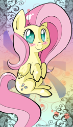 Size: 1090x1900 | Tagged: safe, artist:llamaswithkatanas, character:fluttershy, species:pegasus, species:pony, abstract background, blushing, female, folded wings, hooves to the chest, looking at you, mare, no pupils, sitting, smiling, solo, three quarter view, wings