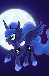 Size: 700x1073 | Tagged: safe, artist:scorchie-critter, character:princess luna, female, flying, moon, night, solo