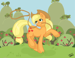 Size: 803x622 | Tagged: safe, artist:veritasket, character:applejack, female, lasso, mouth hold, orchard, raised hoof, rope, solo