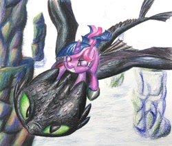 Size: 1024x869 | Tagged: safe, artist:dynamiclines, character:twilight sparkle, species:dragon, species:pony, duo, female, how to train your dragon, mare, night fury, ponies riding dragons, riding, toothless the dragon, traditional art