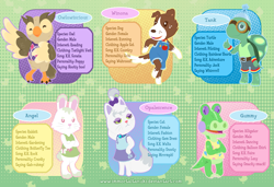 Size: 1991x1362 | Tagged: safe, artist:immortaltanuki, character:angel bunny, character:gummy, character:opalescence, character:owlowiscious, character:tank, character:winona, species:anthro, species:dog, species:owl, alligator, animal crossing, animal crossing: new leaf, anthro pets, cat, clothing, pet six, tortoise