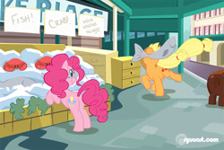 Size: 800x533 | Tagged: safe, artist:alienfirst, character:applejack, character:pinkie pie, species:crab, species:earth pony, species:pony, butt, dead, female, fish, mare, market, mouth hold, plot