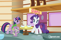 Size: 800x533 | Tagged: safe, artist:alienfirst, character:rarity, character:spike, character:twilight sparkle, cafe, coffee