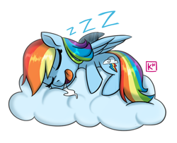 Size: 1000x810 | Tagged: safe, artist:radioactive-k, character:rainbow dash, species:pegasus, species:pony, cloud, drool, female, mare, open mouth, simple background, sleeping, solo, white background, zzz