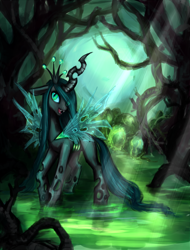 Size: 1354x1777 | Tagged: dead source, safe, artist:nyarmarr, character:queen chrysalis, species:changeling, g4, changeling queen, crepuscular rays, female, solo, swamp