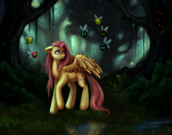 Size: 1277x1000 | Tagged: safe, artist:nyarmarr, character:fluttershy, species:pegasus, species:pony, g4, everfree forest, eyes in the dark, female, floppy ears, forest, mare, parasprite, water