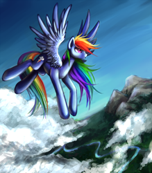 Size: 1578x1800 | Tagged: safe, artist:nyarmarr, character:rainbow dash, species:pegasus, species:pony, g4, cloud, female, flying, mare, mountain, river, solo, spread wings, wings