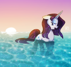 Size: 600x569 | Tagged: safe, artist:radioactive-k, character:rarity, species:pony, species:unicorn, g4, buoyant, female, floating, hawaii, looking back, mare, ocean, profile, solo, sunset, water, wet, wet mane, wet mane rarity