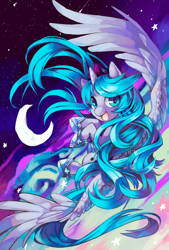 Size: 700x1036 | Tagged: dead source, safe, artist:theuselesstoe, character:princess luna, species:alicorn, species:pony, big wings, crescent moon, crown, female, flying, hoof shoes, jewelry, looking at you, mare, moon, night, night sky, open mouth, regalia, shooting star, sky, smiling, solo, spread wings, starry night, stars, underhoof, upside down, wings