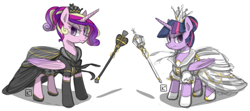 Size: 800x356 | Tagged: safe, artist:radioactive-k, character:princess cadance, character:twilight sparkle, character:twilight sparkle (alicorn), species:alicorn, species:pony, alternate hairstyle, chess, clothing, costume, crown, dress, female, frown, glare, looking at you, mare, queen, scepter, smiling, smirk