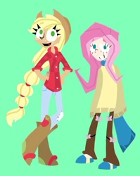 Size: 640x806 | Tagged: safe, artist:invaderzina, character:applejack, character:fluttershy, species:human, breasts, clothing, delicious flat chest, flattershy, humanized, skinny, sweater, sweatershy
