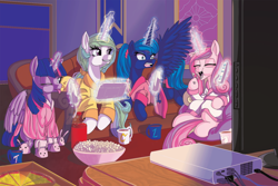 Size: 1024x683 | Tagged: safe, artist:princrim, character:princess cadance, character:princess celestia, character:princess luna, character:twilight sparkle, character:twilight sparkle (alicorn), species:alicorn, species:pony, alicorn tetrarchy, angry, blep, bunny slippers, clothing, controller, couch, eating, female, magic, mare, nintendo, open mouth, pajamas, pizza, ponytail, popcorn, prone, robe, sitting, slippers, slumber party, spread wings, telekinesis, television, tongue out, wide eyes, wii remote, wii u, wii u touchpad, wings, wink