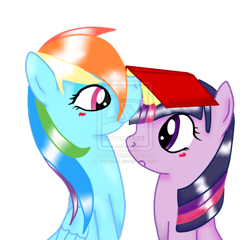 Size: 900x865 | Tagged: dead source, safe, artist:ashourii, character:rainbow dash, character:twilight sparkle, ship:twidash, blushing, book, female, lesbian, shipping, watermark