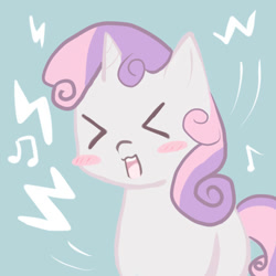 Size: 800x800 | Tagged: safe, artist:shouyu musume, character:sweetie belle, species:pony, species:unicorn, >.<, blank flank, blush sticker, blushing, cute, diasweetes, eyes closed, female, filly, open mouth, pixiv, singing, solo
