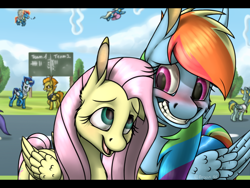 Size: 1400x1050 | Tagged: safe, artist:arceus55, character:fluttershy, character:rainbow dash, character:soarin', character:spitfire, oc, episode:wonderbolts academy, g4, my little pony: friendship is magic, blushing, chalkboard, flying, nuzzling, smiling, teeth, wonderbolts
