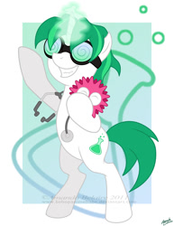 Size: 717x929 | Tagged: dead source, safe, artist:immortaltanuki, species:pony, species:unicorn, deviantart watermark, doctor, dr. insano, glowing horn, goggles, lightly watermarked, obtrusive watermark, pet, ponified, scientist, smiling, solo, standing, the spoony experiment, watermark