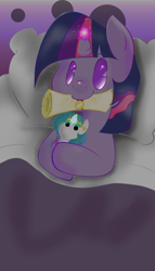 Size: 1090x1900 | Tagged: safe, artist:llamaswithkatanas, character:twilight sparkle, species:pony, species:unicorn, bed, female, filly, foal, mouth hold, no pupils, on back, pillow, plushie, scroll, smiling, solo