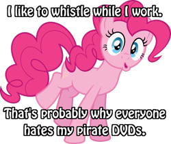 Size: 911x768 | Tagged: safe, artist:psychicwalnut, character:pinkie pie, caption, image macro, meme, piracy, whistling