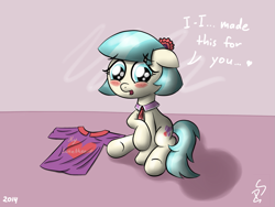 Size: 1141x856 | Tagged: safe, artist:filpapersoul, character:coco pommel, species:earth pony, species:pony, g4, blushing, clothing, eyebrows, eyebrows visible through hair, female, mare, shirt, signature, sitting, solo