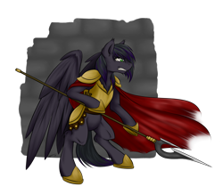 Size: 1600x1400 | Tagged: safe, artist:junkyardgypsy, artist:whipstitch, oc, oc only, oc:rome silvanus, species:pegasus, species:pony, armor, multicolored hair, solo, spear, weapon, wings