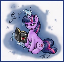 Size: 398x389 | Tagged: safe, artist:veritasket, character:twilight sparkle, character:twilight sparkle (unicorn), species:pony, species:unicorn, book, dialogue, female, glowing horn, horn, magic, mare, sitting, solo, telekinesis, twilight (series)