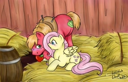 Size: 921x592 | Tagged: safe, artist:veritasket, character:big mcintosh, character:fluttershy, species:earth pony, species:pony, ship:fluttermac, blushing, male, shipping, stallion, straight