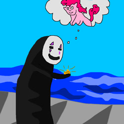 Size: 900x900 | Tagged: safe, artist:pewdie-pinkiepie, character:pinkie pie, 1000 hours in ms paint, crossover, gold, mask, memory, ms paint, no-face, ocean, poop, shipping, spirited away, thought bubble, wat, why