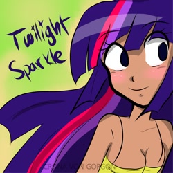 Size: 886x886 | Tagged: safe, artist:cronavongorgon, character:twilight sparkle, species:human, blue hair, blushing, breasts, cleavage, clothing, eyelashes, female, humanized, long hair, looking away, multicolored hair, pink hair, purple hair, smiling, solo