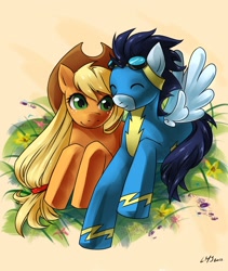 Size: 1600x1900 | Tagged: safe, artist:katiramoon, character:applejack, character:soarin', species:earth pony, species:pegasus, species:pony, ship:soarinjack, eyes closed, female, flower, goggles, male, prone, shipping, straight, wonderbolts uniform