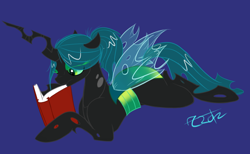 Size: 1294x796 | Tagged: safe, artist:cosmic-rust, character:queen chrysalis, species:changeling, book, changeling queen, female, ponytail, reading