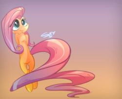 Size: 1000x815 | Tagged: safe, artist:skygracer, character:fluttershy, arm behind back, chest fluff, cute, female, impossibly long tail, slim, solo, wingless