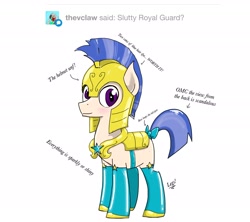 Size: 2249x2000 | Tagged: safe, artist:kissingkings, oc, oc only, oc:kissing kings, species:pony, clothing, costume, male, royal guard, socks, solo, stallion