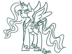 Size: 1280x960 | Tagged: safe, artist:nothin-but-my-bones, character:princess luna, lunadoodle, female, looking at you, monochrome, sketch, smiling, solo, wingboner