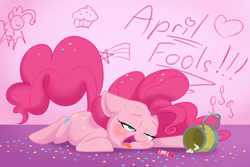 Size: 1024x683 | Tagged: safe, artist:bronyseph, character:pinkie pie, apple cider (drink), confetti, crayon, drunk, drunkie pie, female, floppy ears, party, prone, solo