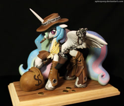 Size: 1500x1279 | Tagged: safe, artist:aplexpony, artist:slugbox, character:princess celestia, bag, cigar, clothing, coin, cowgirl, craft, female, gun, hat, looking at you, magic, money, raised hoof, revolver, sculpture, solo, spread wings, telekinesis, western, wild westia, wing hold, wings