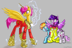 Size: 1191x794 | Tagged: safe, artist:neroscottkennedy, character:apple bloom, character:rainbow dash, character:scootaloo, character:sweetie belle, character:twilight sparkle, character:twilight sparkle (alicorn), species:alicorn, species:earth pony, species:pegasus, species:pony, species:unicorn, alicornified, crossover, cutie mark crusaders, dc comics, female, filly, implied transformation, mare, race swap, scootacorn, shazam, this will end in tears and/or death and/or covered in tree sap