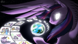 Size: 2400x1350 | Tagged: safe, artist:dragonwolfrooke, character:twilight sparkle, character:twilight sparkle (alicorn), species:alicorn, species:pony, cover art, female, glowing eyes, immortality blues, mare, music, planet, solo, world, youtube link