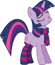 Size: 2746x3225 | Tagged: safe, artist:voaxmasterspydre, character:twilight sparkle, character:twilight sparkle (unicorn), species:pony, species:unicorn, clothing, eyes closed, female, high res, mare, scarf, simple background, smiling, smuglight sparkle, socks, solo, striped scarf, striped socks, transparent background, vector