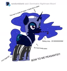 Size: 2249x2400 | Tagged: safe, artist:kissingkings, character:nightmare moon, character:princess luna, oc, oc:kissingkings, ask, bodypaint, clothing, costume, paint on fur, riding crop, solo, tumblr