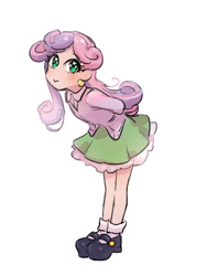 Size: 525x700 | Tagged: safe, artist:karashim, character:sweetie belle, species:human, :>, blushing, clothing, cute, diasweetes, female, humanized, looking at you, pixiv, simple background, skirt, smiling, solo, white background