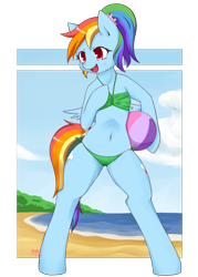 Size: 971x1359 | Tagged: safe, artist:dieva4130, character:rainbow dash, species:pegasus, species:pony, alternate hairstyle, belly button, bikini, blushing, clothing, female, pinup, semi-anthro, solo, swimsuit