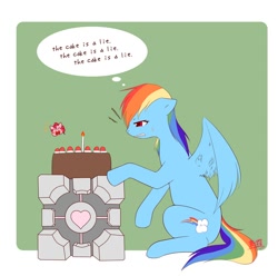 Size: 994x986 | Tagged: safe, artist:dieva4130, character:pinkie pie, character:rainbow dash, cake, companion cube, crossover, gritted teeth, portal (valve), sitting, strawberry, the cake is a lie