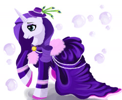 Size: 2393x1961 | Tagged: dead source, safe, artist:schwarz-one, character:rarity, species:pony, species:unicorn, abstract background, clothing, dress, female, hat, mare, peacock feathers, raised hoof, smiling, solo