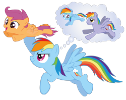 Size: 2500x1976 | Tagged: safe, artist:raggyrabbit94, character:rainbow blaze, character:rainbow dash, character:scootaloo, species:pegasus, species:pony, episode:sleepless in ponyville, g4, my little pony: friendship is magic, assisted flying, cute, cutealoo, dashabetes, father and daughter, female, filly, flapping, flying, grin, happy, looking back, male, mare, open mouth, scootalove, simple background, smiling, smirk, spread wings, squee, stallion, thought bubble, transparent background, underhoof, wings