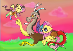 Size: 3508x2480 | Tagged: safe, artist:raggyrabbit94, character:discord, character:fluttershy, oc, oc:mystery, parent:discord, parent:fluttershy, parents:discoshy, ship:discoshy, family, female, hybrid, interspecies offspring, male, offspring, shipping, straight
