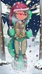 Size: 3456x6048 | Tagged: safe, artist:zacproductions, oc, oc only, oc:glimmering springs, species:anthro, aquabats, christmas, clothing, constellation, deadmau5, easter, easter egg, hot chocolate, littlebigplanet, over the garden wall, panties, pine tree, ribbon, snow, snowfall, socks, steam, sweater, tree, underwear, winter