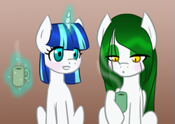Size: 569x402 | Tagged: safe, artist:howlsinthedistance, oc, oc only, oc:alabaster moonrise, oc:souffle, species:pegasus, species:pony, species:unicorn, blowing, couple, green eyeshadow, hot chocolate, smiling